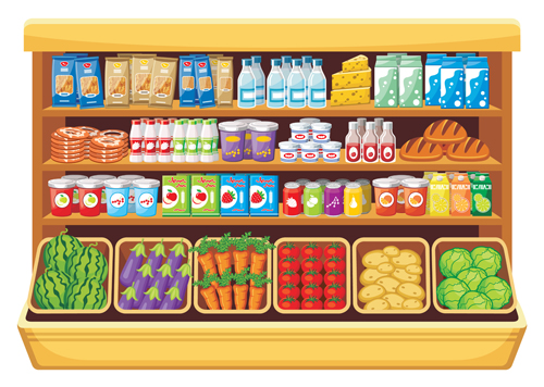 supermarket showcase and food vector set 19