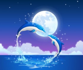 Beautiful dolphins and moon vector background