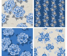 Blue retro flowers pattern seamless vector 01
