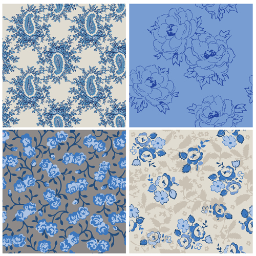 Blue retro flowers pattern seamless vector 02