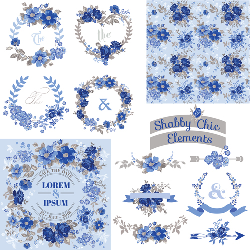 Chic floral ornaments blue styles vector
