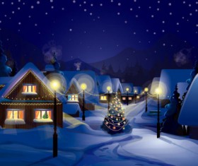 Christmas night with snow scenery vector