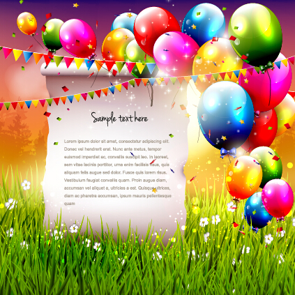 Colorful balloon with confetti and grass background 01