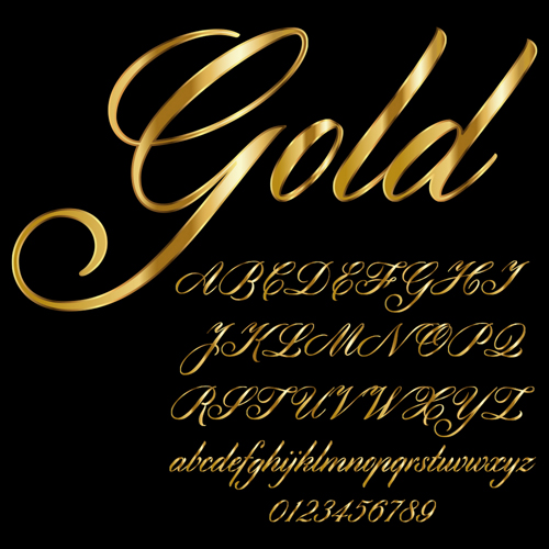 Glossy golden alphabet and numbers vector 06