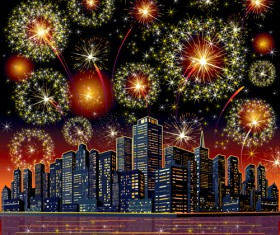 Golden fireworks with city vector