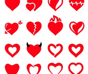 Red heart shapes icons vector set 01