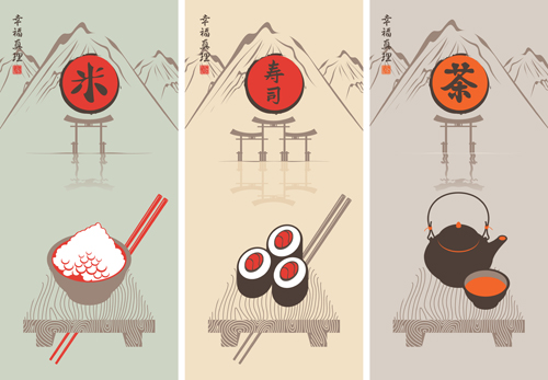 Rice with sushi and tea vector backgrounds