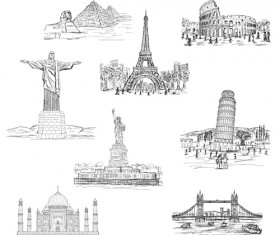 Sketch world famous buildings vector material
