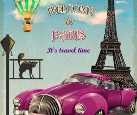 Vintage car with travel poster vector set 02