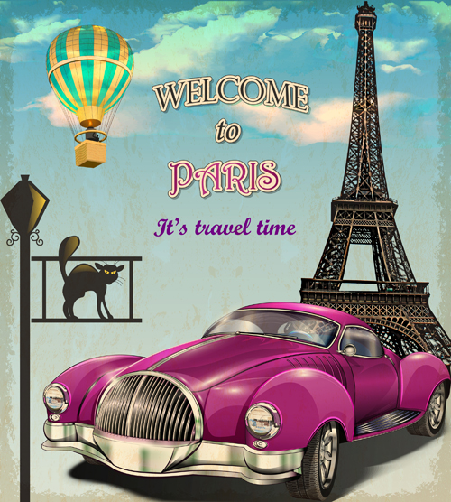 Vintage car with travel poster vector set 02