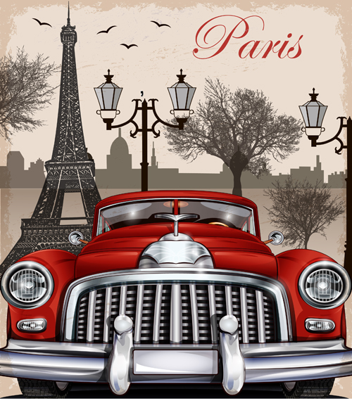 Vintage car with travel poster vector set 03