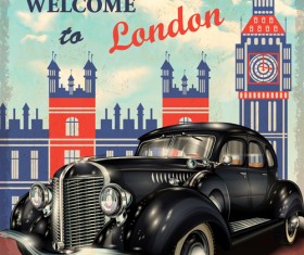 Vintage car with travel poster vector set 04