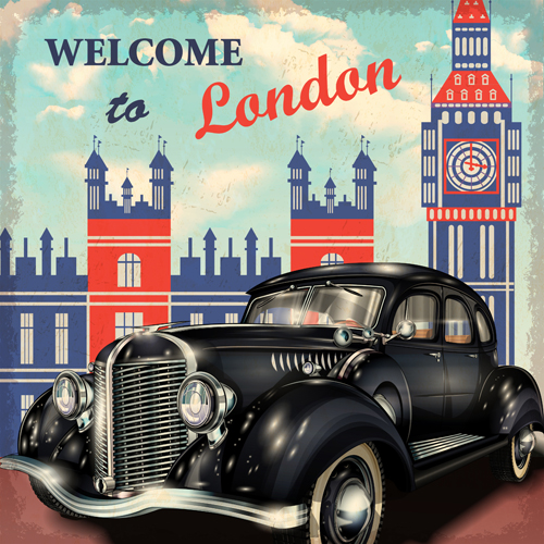 Vintage car with travel poster vector set 04