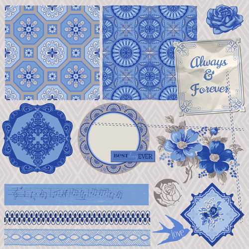 Vintage postcard with blue ornament elements vector 03