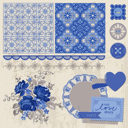 Vintage postcard with blue ornament elements vector 04