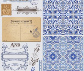 Vintage postcard with blue ornament elements vector 05