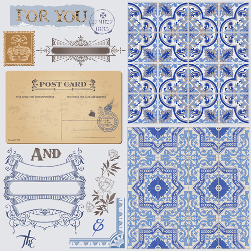 Vintage postcard with blue ornament elements vector 05