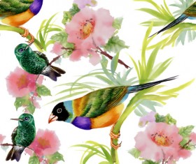 Watercolor drawn birds with flowers vector design 01