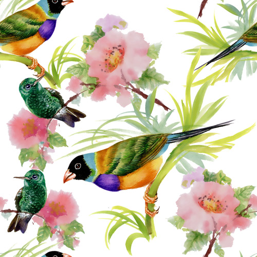 Watercolor drawn birds with flowers vector design 01