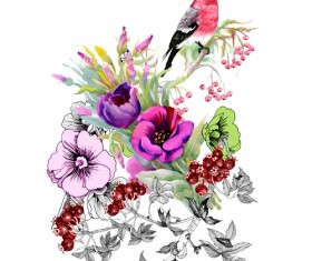 Watercolor drawn birds with flowers vector design 02