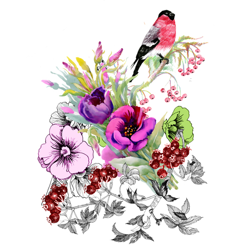 Watercolor drawn birds with flowers vector design 02