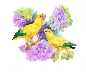 Watercolor drawn birds with flowers vector design 03