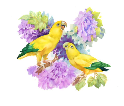 Watercolor drawn birds with flowers vector design 03