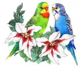 Watercolor drawn birds with flowers vector design 04