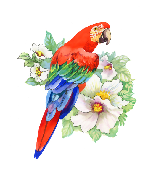 Watercolor drawn birds with flowers vector design 05