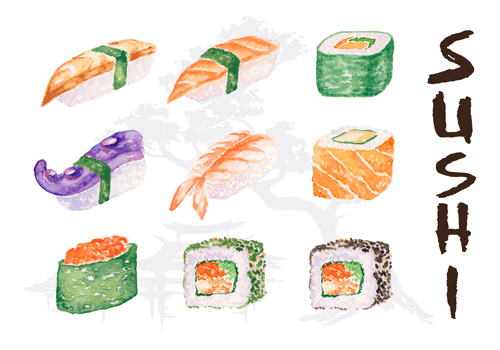 Watercolor sushi icons vector material