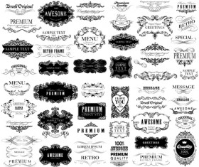 Black vintage ornaments with labels and ribbon vector 01