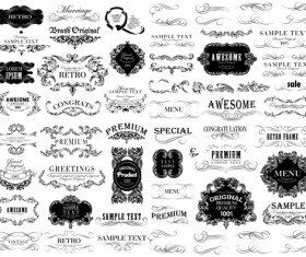 Black vintage ornaments with labels and ribbon vector 02