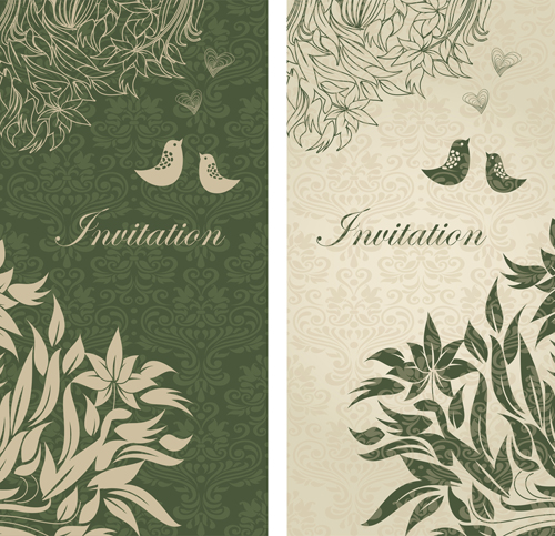 Dark green floral vintage invitation cards vector 01