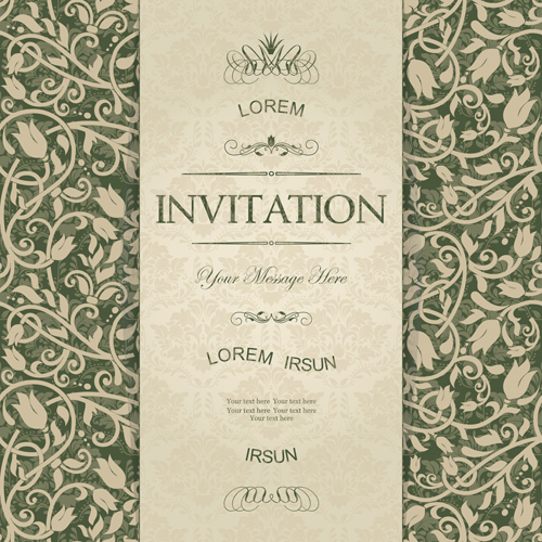 Dark green floral vintage invitation cards vector 04