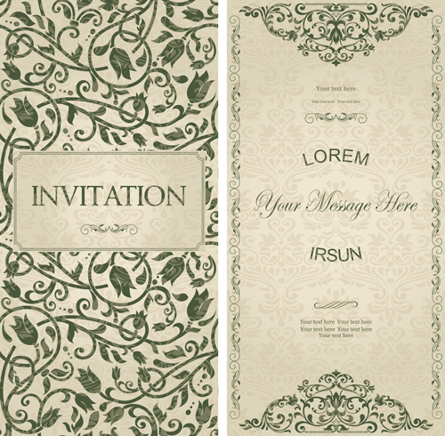 Dark green floral vintage invitation cards vector 06