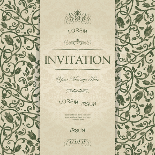 Dark green floral vintage invitation cards vector 07