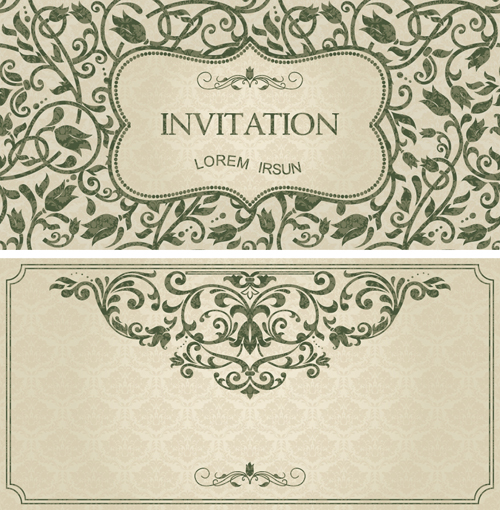 Dark green floral vintage invitation cards vector 08