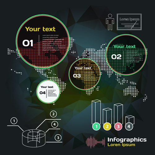 Dark style infographic with diagrams vectors 09