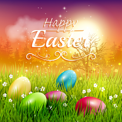 Easter egg with grass background art vector 03
