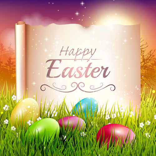 Easter egg with grass background art vector 04