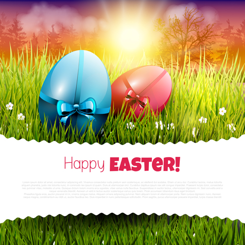 Easter egg with grass background art vector 05