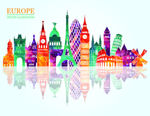 Europe colored landmark building vector