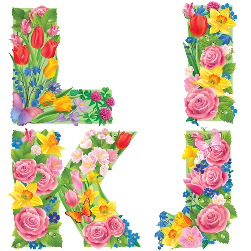 Flowers with butterfly alphabets vector set 01