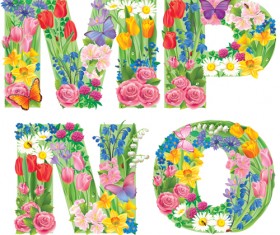 Flowers with butterfly alphabets vector set 02