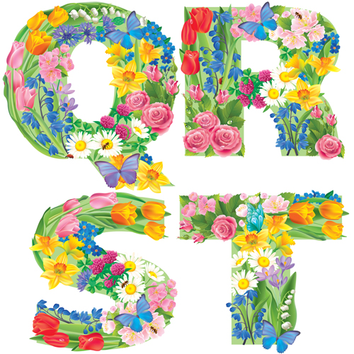 Flowers with butterfly alphabets vector set 03