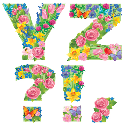 Flowers with butterfly alphabets vector set 05