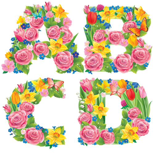 Flowers with butterfly alphabets vector set 06