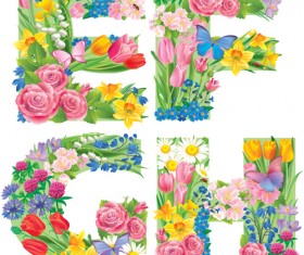 Flowers with butterfly alphabets vector set 07