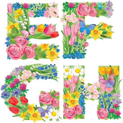 Flowers with butterfly alphabets vector set 07