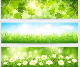 Green spring leaves banners set vector 02